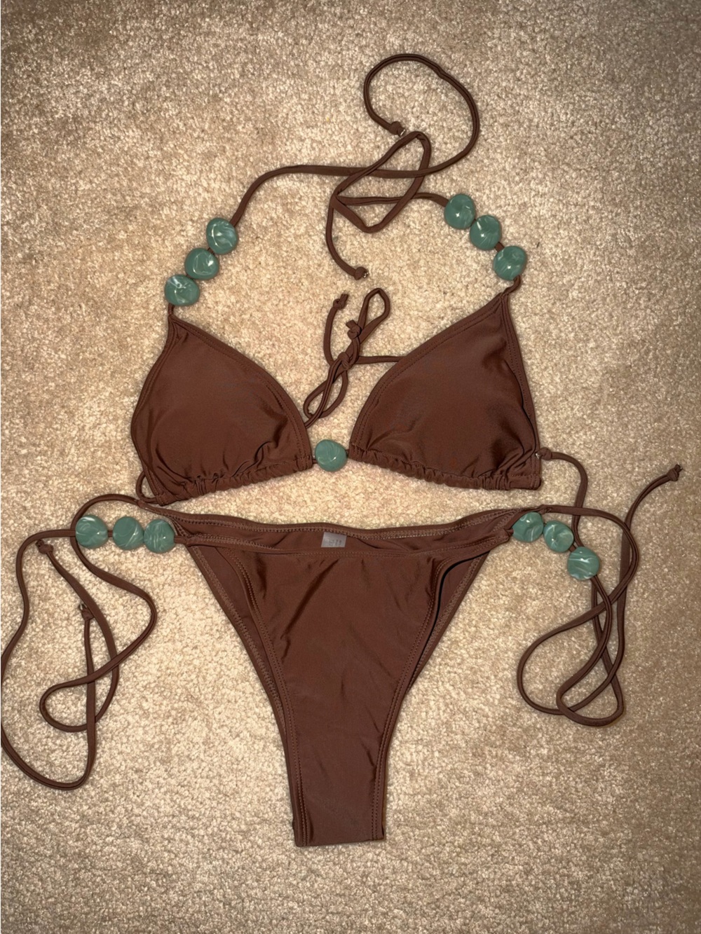 Women’s Brown Triangle Bikini with Green Bead Accents